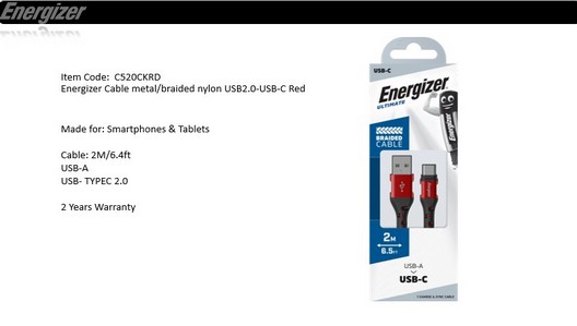 ENERGIZER CABLE METAL/NYLON USB-A-USB-C 2M RED